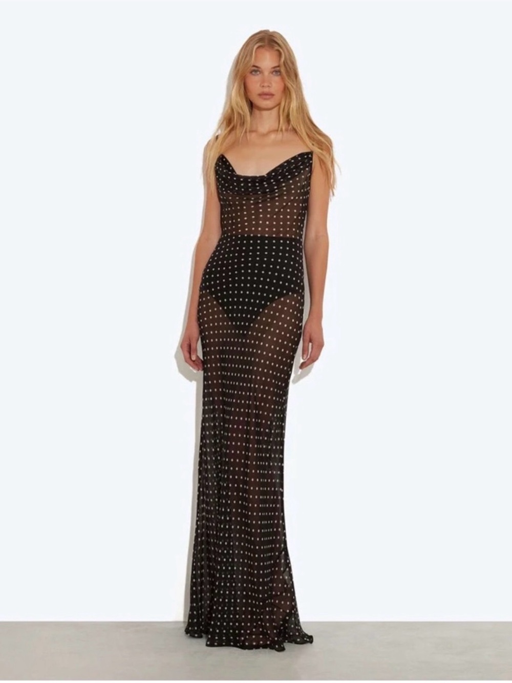RAT & BOA | Sheer Black Polka Dot Maxi Dress with Cowl Neck